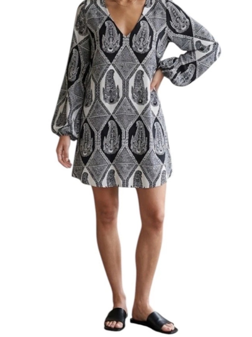 Show Me Your Mumu Tunic Black Paisley Ikat Boho Peasant Mini Dress Size XS